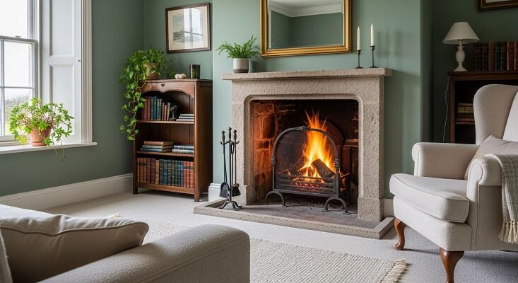 Fireplace Nook in Rustic Sage Green living room