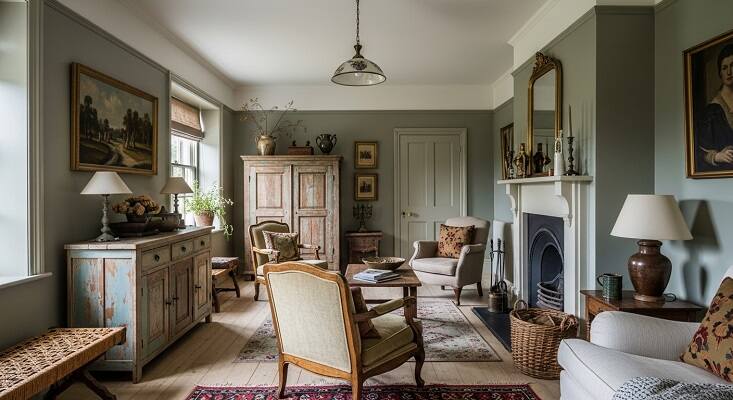 Include Vintage Finds in Rustic Sage Green Living Room